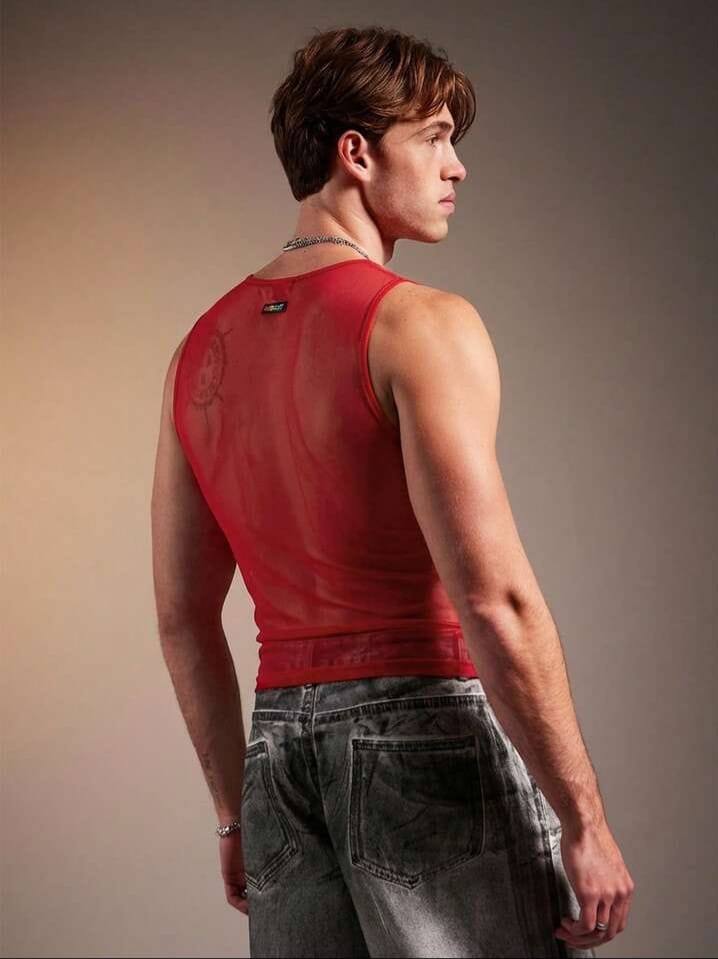 Men's mesh sheer ,ruched design,slim fit men's tank top